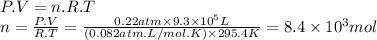 P.V=n.R.T\\n=\frac{P.V}{R.T} =\frac{0.22atm\times 9.3\times 10^{5}L}{(0.082atm.L/mol.K)\times 295.4K} =8.4 \times 10^{3} mol