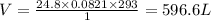 V=\frac{24.8\times0.0821\times293}{1}= 596.6 L