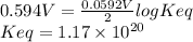 0.594V=\frac{0.0592V}{2} logKeq\\Keq = 1.17 \times 10^{20}