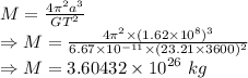 M=\frac{4\pi^2a^3}{GT^2}\\\Rightarrow M=\frac{4\pi^2\times (1.62\times 10^8)^3}{6.67\times 10^{-11}\times (23.21\times 3600)^2}\\\Rightarrow M=3.60432\times 10^{26}\ kg