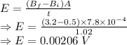 E=\frac{(B_f-B_i)A}{t}\\\Rightarrow E=\frac{(3.2-0.5)\times 7.8\times 10^{-4}}{1.02}\\\Rightarrow E=0.00206\ V