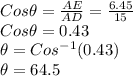 Cos\theta = \frac{AE}{AD}  = \frac{6.45}{15} \\Cos\theta = 0.43\\\theta = Cos^{-1}(0.43)\\\theta = 64.5