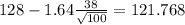 128-1.64\frac{38}{\sqrt{100}}=121.768