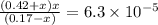 \frac{(0.42+x)x}{(0.17-x)}=6.3\times 10^{-5}
