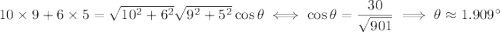 10\times9+6\times5=\sqrt{10^2+6^2}\sqrt{9^2+5^2}\cos\theta\iff \cos\theta=\dfrac{30}{\sqrt{901}}\implies \theta\approx1.909^\circ
