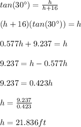 tan(30\°)=\frac{h}{h+16}\\\\(h+16)(tan(30\°))=h\\\\0.577h+9.237=h\\\\9.237=h-0.577h\\\\9.237=0.423h\\\\h=\frac{9.237}{0.423}\\\\h=21.836ft