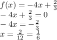 f(x)=-4x+\frac{2}{3}\\-4x+\frac{2}{3}=0\\-4x=-\frac{2}{3}}\\ x=\frac{2}{12} =\frac{1}{6}