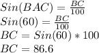 Sin(BAC)=\frac{BC}{100}\\Sin(60)=\frac{BC}{100}\\BC=Sin(60)*100\\BC=86.6