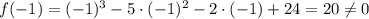 f(-1)=(-1)^3-5\cdot (-1)^2-2\cdot (-1)+24=20\neq 0