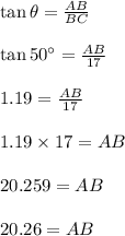 \tan\theta=\frac{AB}{BC}\\\\\tan50\textdegree=\frac{AB}{17}\\\\1.19=\frac{AB}{17}\\\\1.19\times 17=AB\\\\20.259=AB\\\\20.26=AB
