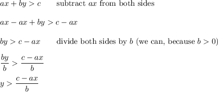 ax+byc\qquad\text{subtract}\ ax\ \text{from both sides}\\\\ax-ax+byc-ax\\\\byc-ax\qquad\text{divide both sides by}\ b\ (\text{we can, because}\ b0)\\\\\dfrac{by}{b}\dfrac{c-ax}{b}\\\\y\dfrac{c-ax}{b}