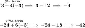 \bf \stackrel{\textit{8th term}}{3+4(-3)}\implies 3-12\implies -9 \\\\\\ \stackrel{\textit{19th term}}{-24 + 6(-3)}\implies -24-18\implies -42