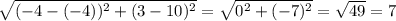 \sqrt{(-4-(-4))^2+(3-10)^2} = \sqrt{0^2+(-7)^2} = \sqrt{49} =7