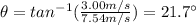 \theta = tan^{-1} (\frac{3.00 m/s}{7.54 m/s})=21.7^{\circ}