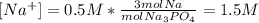 [Na^+]=0.5 M *  \frac{3 mol Na}{mol Na_3PO_4}=1.5 M