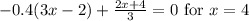 -0.4(3x-2)+\frac{2x+4}{3}=0\ \textrm{for}\ x=4