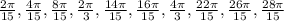\frac{2\pi}{15},\frac{4\pi}{15},\frac{8\pi}{15},\frac{2\pi}{3},\frac{14\pi}{15}, \frac{16\pi}{15}, \frac{4\pi}{3},\frac{22\pi}{15}, \frac{26\pi}{15}, \frac{28\pi}{15}