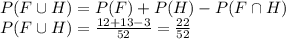 P(F \cup H) = P(F) +P(H) - P(F \cap H) \\P(F \cup H)=\frac{12+13-3}{52} =\frac{22}{52}