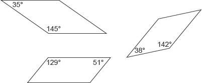 Chloe draws three parallelograms. in each figure, she measures a pair of angles, as shown. what is a