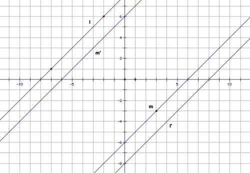 Line l and line m are parallel lines that have been rotated 180°. the resulting images are show as l