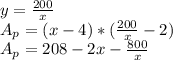 y=\frac{200}{x} \\A_p = (x-4)*(\frac{200}{x} -2)\\A_p=208 -2x -\frac{800}{x}