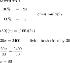 _{\bold{METHOD\ 2}}\\\\\begin{array}{ccc}30\%&-&24\\\\100\%&-&x\end{array}\qquad\text{cross multiply}\\\\\\(30)(x)=(100)(24)\\\\30x=2400\qquad\text{divide both sides by 30}\\\\\dfrac{30x}{30}=\dfrac{2400}{30}\\\\x=80