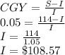 CGY= \frac{S-I}{I}\\ 0.05 = \frac{114-I}{I} \\I=\frac{114}{1.05} \\I= \$ 108.57