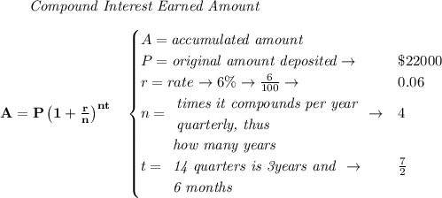 \bf \qquad \textit{Compound Interest Earned Amount}&#10;\\\\&#10;A=P\left(1+\frac{r}{n}\right)^{nt}&#10;\quad &#10;\begin{cases}&#10;A=\textit{accumulated amount}\\&#10;P=\textit{original amount deposited}\to &\$22000\\&#10;r=rate\to 6\%\to \frac{6}{100}\to &0.06\\&#10;n=&#10;\begin{array}{llll}&#10;\textit{times it compounds per year}\\&#10;\textit{quarterly, thus }&#10;\end{array}\to &4\\&#10;t=&#10;\begin{array}{llll}&#10;\textit{how many years}\\&#10;\textit{14 quarters is 3years and}\\&#10;\textit{6 months}&#10;\end{array}\to &\frac{7}{2}&#10;\end{cases}