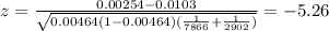 z=\frac{0.00254-0.0103}{\sqrt{0.00464(1-0.00464)(\frac{1}{7866}+\frac{1}{2902})}}=-5.26