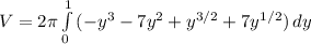 V =2 \pi  \int\limits^1_0{(-y^3-7y^2+y^{3/2}+7y^{1/2})} \, dy