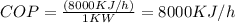 C O P=\frac{(8000 K J / h)}{1 K W}=8000 K J / h