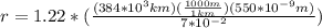 r = 1.22*(\frac{(384*10^3km)(\frac{1000m}{1km})(550*10^{-9}m)}{7*10^{{-2}}})