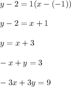 y-2=1(x-(-1))\\ \\y-2=x+1\\ \\y=x+3\\ \\-x+y=3\\ \\-3x+3y=9