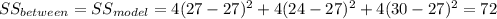 SS_{between}=SS_{model}=4(27-27)^2 +4(24-27)^2 +4(30-27)^2=72
