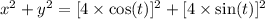 x^2 + y^2 = [4 \times \cos(t)]^2 + [4 \times \sin(t)]^2