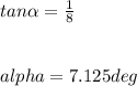 tan\alpha =\frac{1}{8} \\\\\\alpha =7.125 deg\\