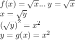 f(x) =  \sqrt{x} ... \: y =  \sqrt{x}  \\ x =  \sqrt{y}  \\  {( \sqrt{y})}^{2} =  {x}^{2}   \\ y = g(x) =  {x}^{2}