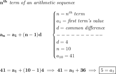 \bf n^{th}\textit{ term of an arithmetic sequence}\\\\&#10;a_n=a_1+(n-1)d\qquad &#10;\begin{cases}&#10;n=n^{th}\ term\\&#10;a_1=\textit{first term's value}\\&#10;d=\textit{common difference}\\&#10;----------\\&#10;d=4\\&#10;n=10\\&#10;a_{10}=41&#10;\end{cases}&#10;\\\\\\&#10;41=a_1+(10-1)4\implies 41=a_1+36\implies \boxed{5=a_1}