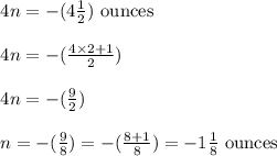\begin{array}{l}{4 n=-(4 \frac{1}{2}) \text { ounces }} \\\\ {4 n=-(\frac{4 \times 2+1}{2})} \\\\ {4 n=-(\frac{9}{2})} \\\\ {n=-(\frac{9}{8})=-(\frac{8+1}{8})=-1 \frac{1}{8} \text { ounces }}\end{array}
