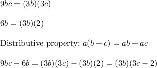 9bc=(3b)(3c)\\\\6b=(3b)(2)\\\\\text{Distributive property:}\ a(b+c)=ab+ac\\\\9bc-6b=(3b)(3c)-(3b)(2)=(3b)(3c-2)