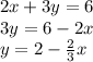 2x+3y=6\\3y=6-2x\\y=2-\frac{2}{3}x