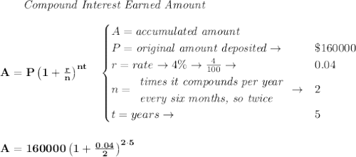 \bf \qquad \textit{Compound Interest Earned Amount}&#10;\\\\&#10;A=P\left(1+\frac{r}{n}\right)^{nt}&#10;\quad &#10;\begin{cases}&#10;A=\textit{accumulated amount}\\&#10;P=\textit{original amount deposited}\to &\$160000\\&#10;r=rate\to 4\%\to \frac{4}{100}\to &0.04\\&#10;n=&#10;\begin{array}{llll}&#10;\textit{times it compounds per year}\\&#10;\textit{every six months, so twice}&#10;\end{array}\to &2\\&#10;&#10;t=years\to &5&#10;\end{cases}&#10;\\\\\\&#10;A=160000\left(1+\frac{0.04}{2}\right)^{2\cdot 5}