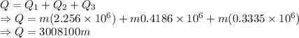 Q=Q_1+Q_2+Q_3\\\Rightarrow Q=m(2.256\times 10^6)+m0.4186\times 10^6+m(0.3335\times 10^6)\\\Rightarrow Q=3008100m