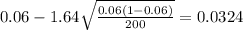 0.06 - 1.64\sqrt{\frac{0.06(1-0.06)}{200}}=0.0324
