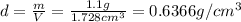 d=\frac{m}{V}=\frac{1.1 g}{1.728 cm^3}=0.6366 g/cm^3