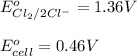 E^o_{Cl_2/2Cl^-}=1.36V\\\\E^o_{cell}=0.46V