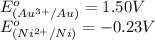 E^o_{(Au^{3+}/Au)}=1.50V\\E^o_{(Ni^{2+}/Ni)}=-0.23V