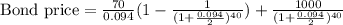 \text{Bond price}=\frac{70}{0.094}(1-\frac{1}{(1+\frac{0.094}{2})^{40}})+\frac{1000}{(1+\frac{0.094}{2})^{40}}