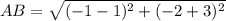 AB=\sqrt{(-1-1)^{2}+(-2+3)^{2}}