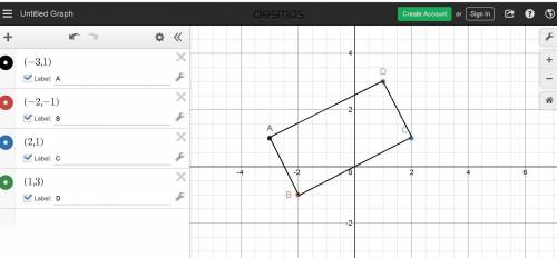 Rectangleabcd has vertices at a(– 3, 1),b(– 2, – 1),c(2, 1), andd(1, 3). what is the area, in square